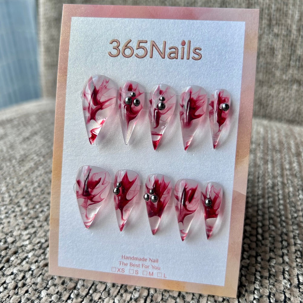 Bloody Rose Dragon Claw Stiletto Clear Jelly with Red Ink Marble & Metal Studs 365Nails Premium Handmade Dragon Nail