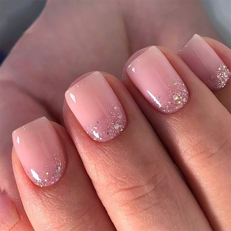 Reverse French gold glitter gradual change simple short square press-on nails