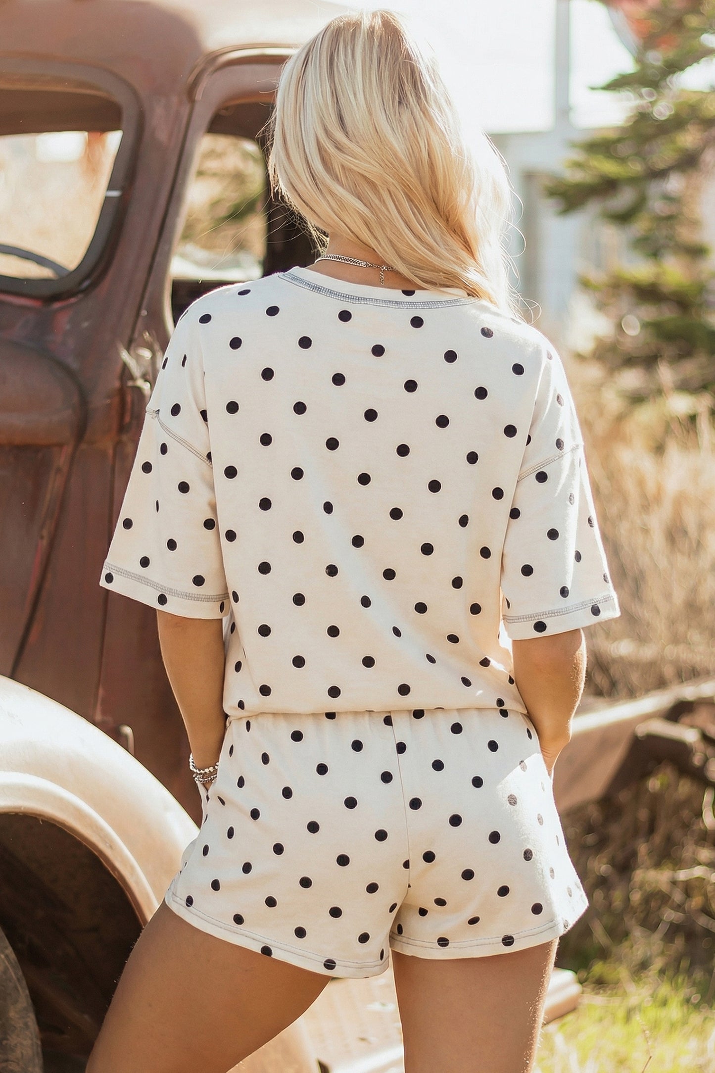 White Exposed Seam Detail Polka Dot Loose Tee Drawstring Shorts Set