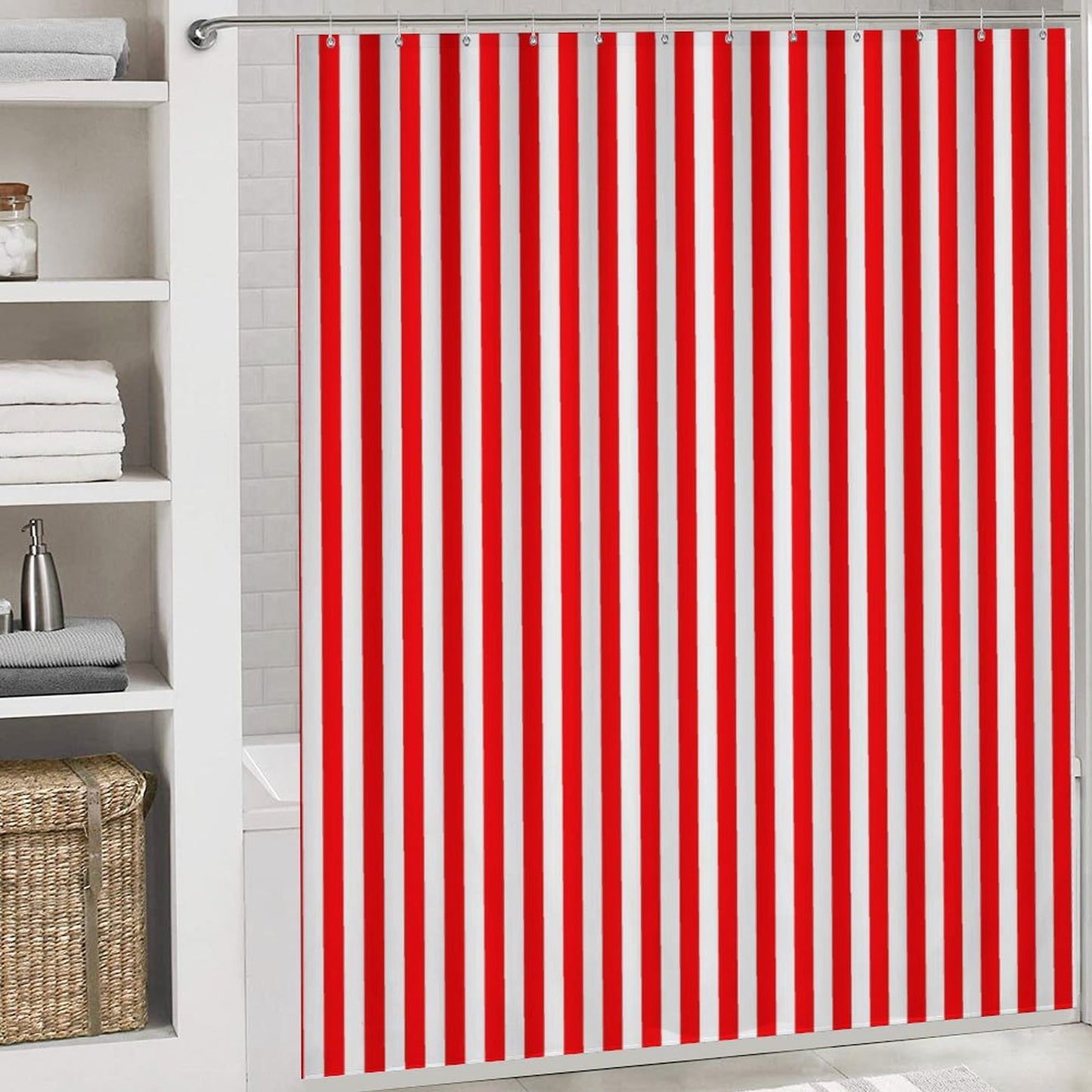 Shower Curtain Set with 3 Rugs Red Stripes