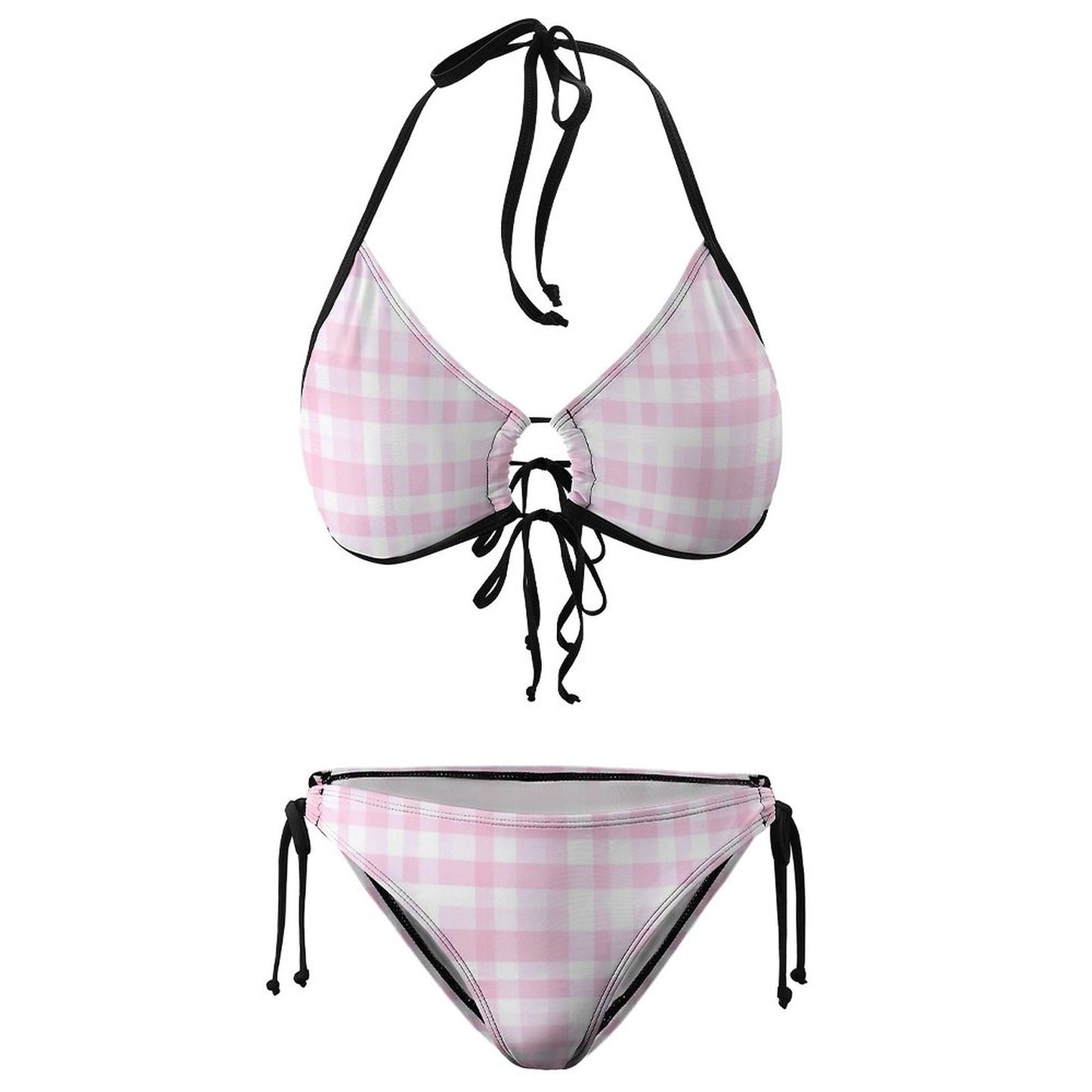 Halter Tie Front Bikini Set Pink Plaid