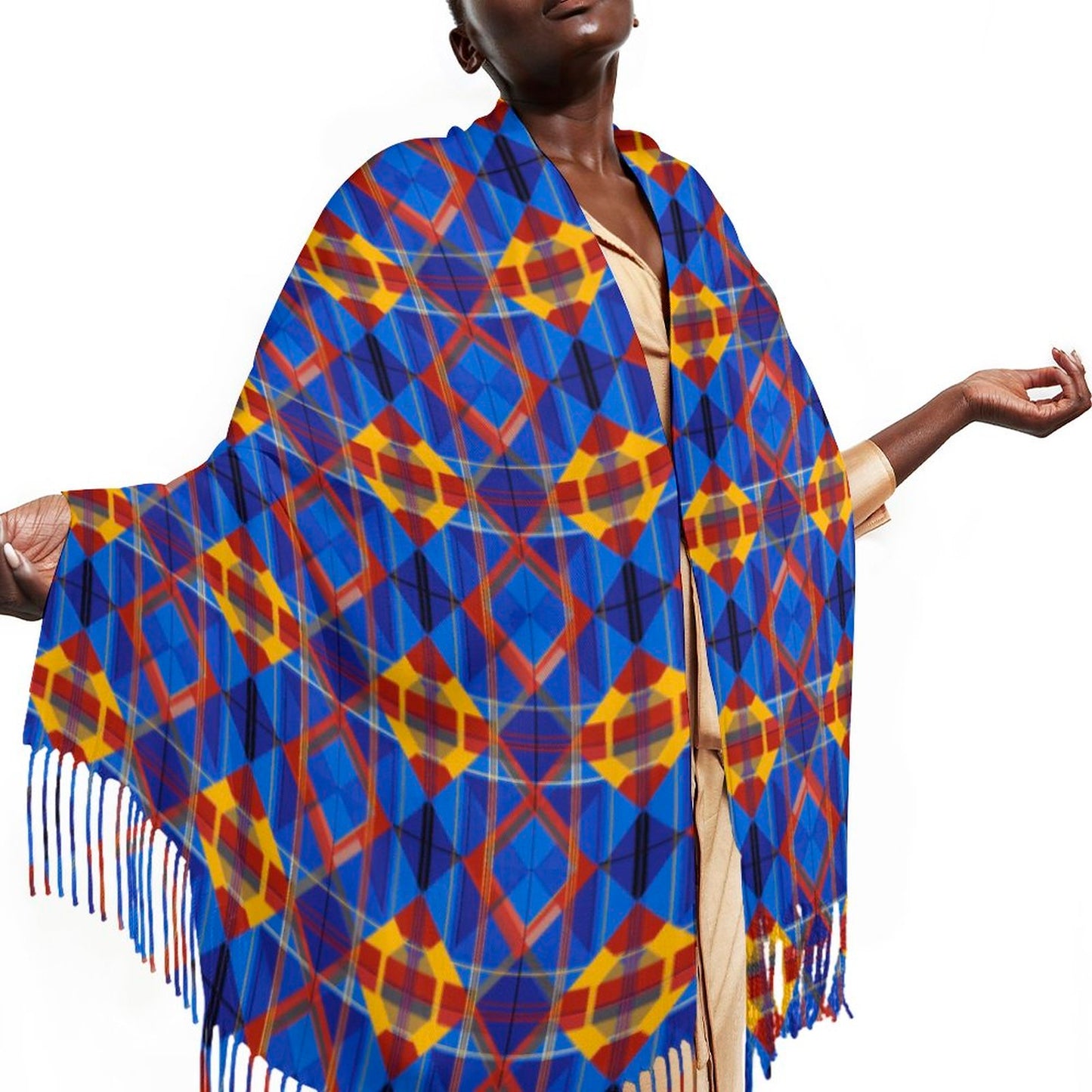 Cashmere-like Tassel Scarf Blue Plaid