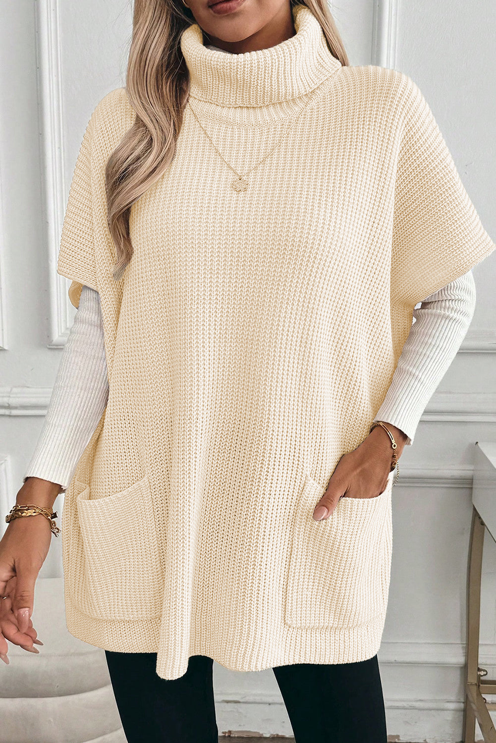 Jet Stream Plain Knit Casual Turtleneck Short Sleeve Tunic Sweater with Pockets