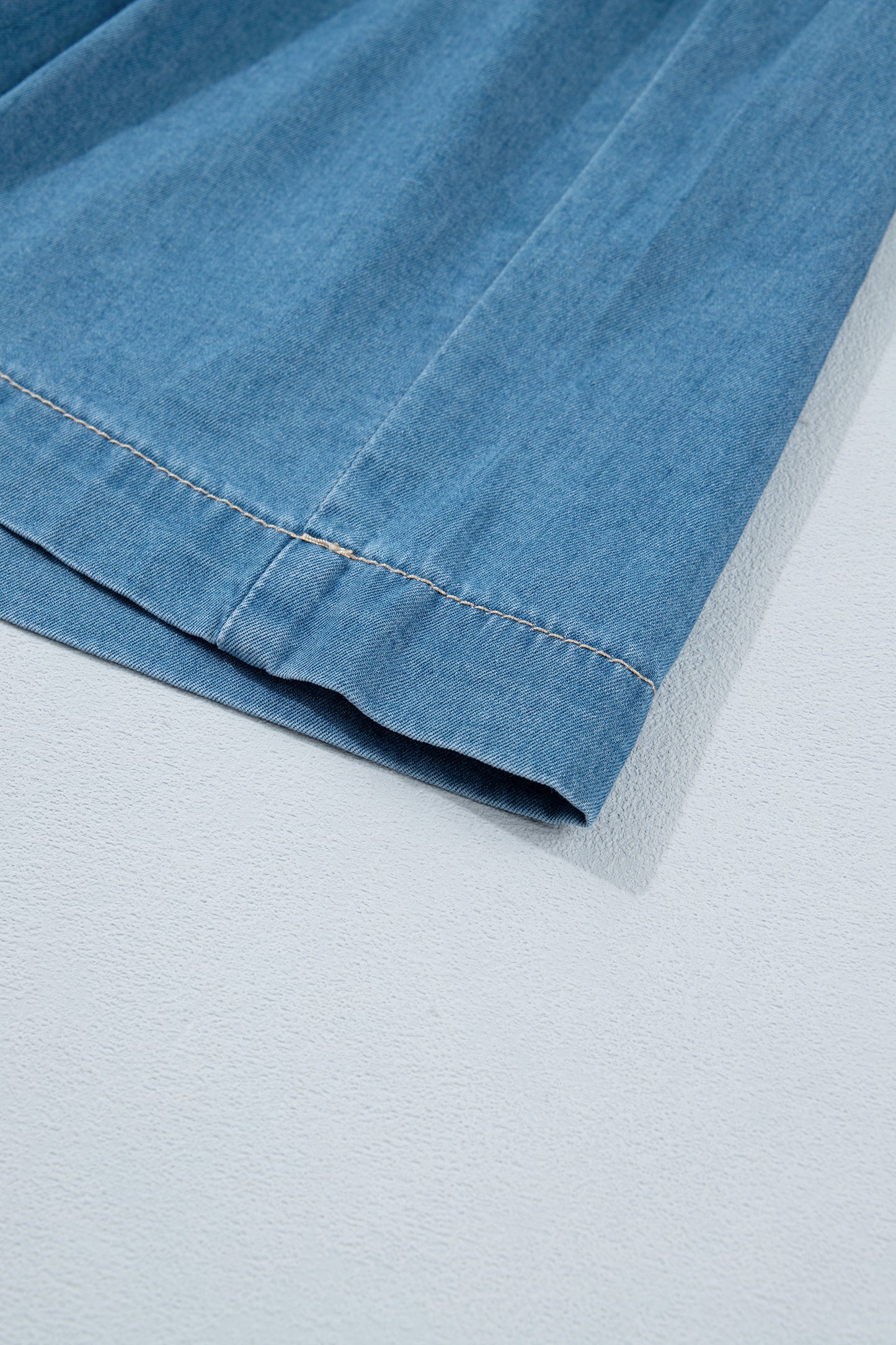 Sky Blue Half Buttons Pleated High Waist Denim Mini Skirt with Drawstring