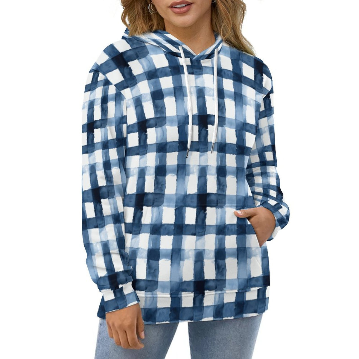 Blue Plaid Men's Cool Hoodie with Double-layer Cap