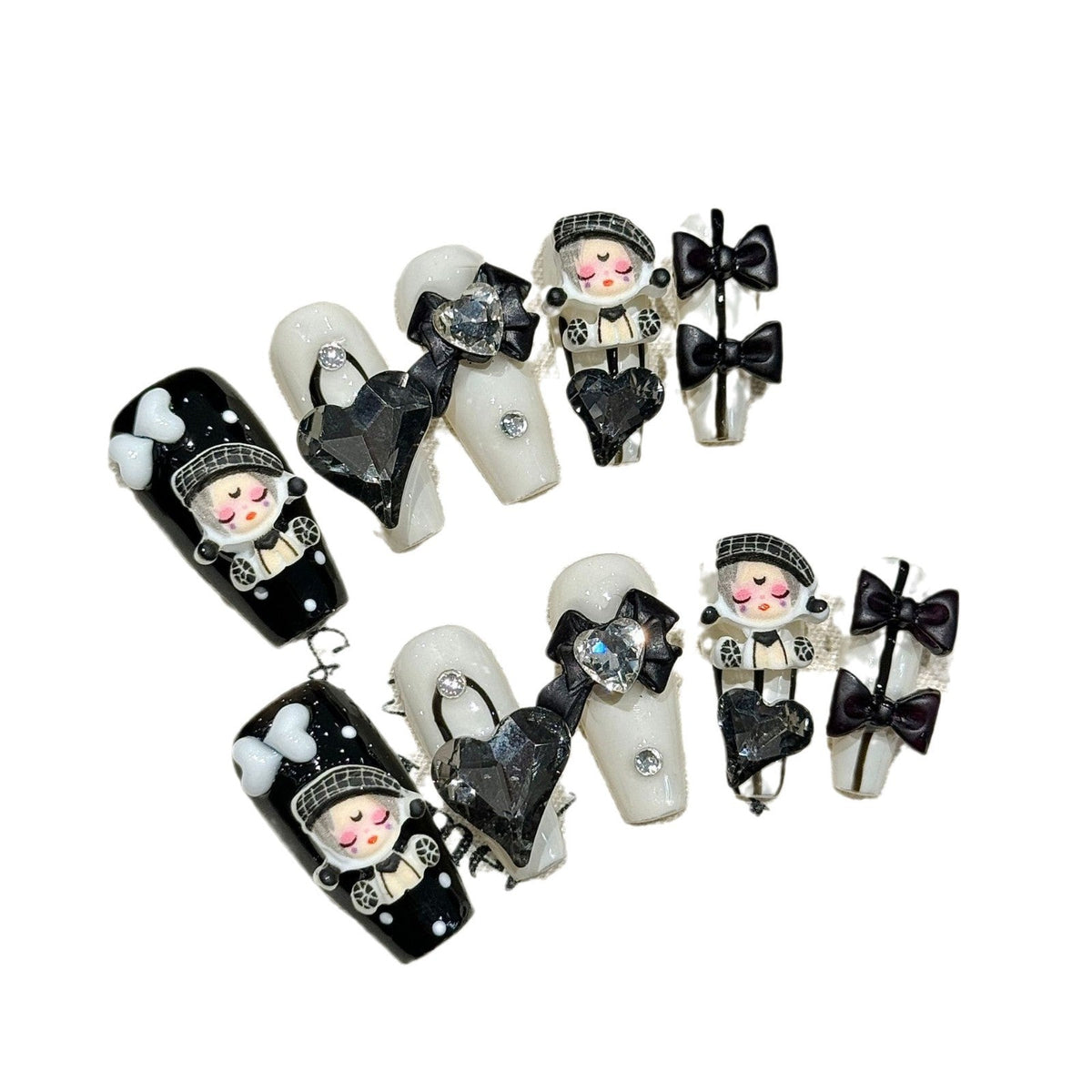 365nails: "Dark Pop Queen" – 3D Doll & Heart Charm Handmade Medium Coffin Nails – Image 4