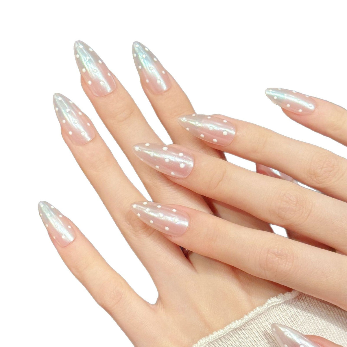 365nails: "Nude Polka Dream" – Translucent Pearl Dot Handmade Almond Nails – Image 4